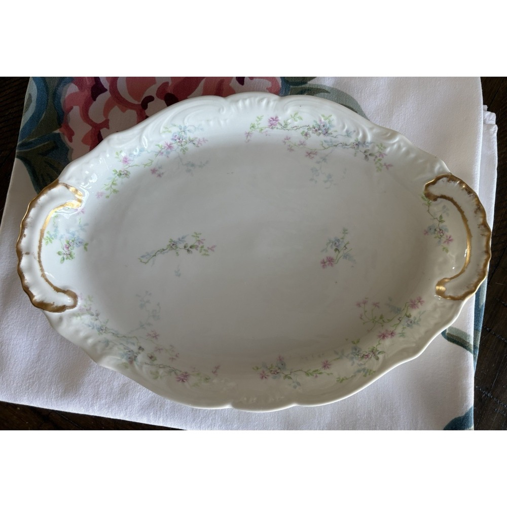 VTG Antique Theodore Haviland Limoges SCHLEIGER Blue Pink Floral Oval Platter